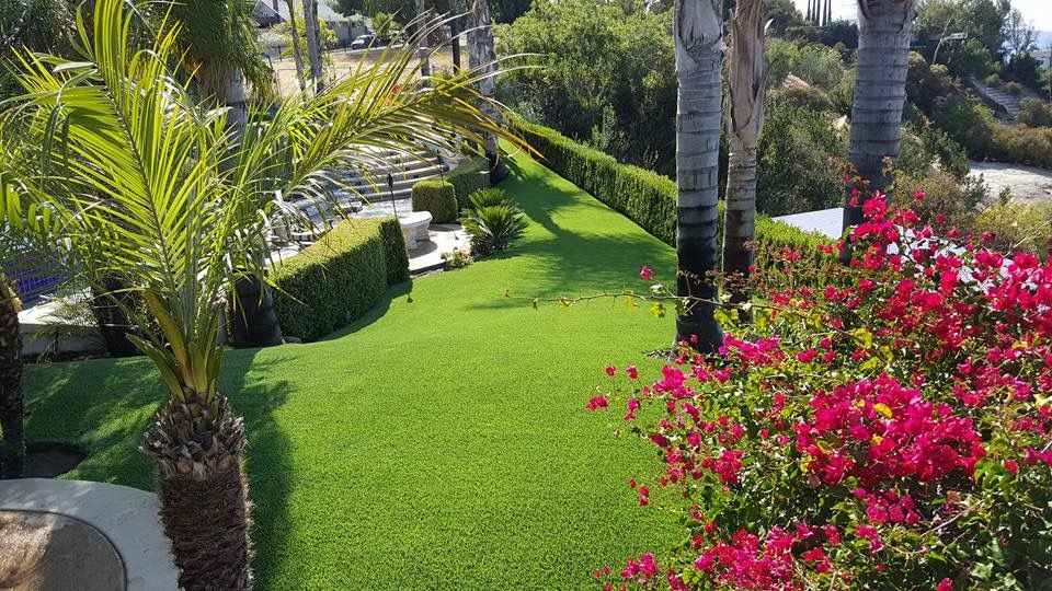Artificial turf lawn framed by palms and flowering shrubs on a 3RS Landscaping project